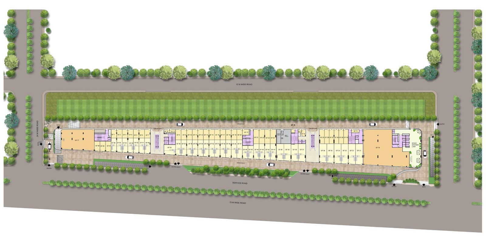 Site plan from the brochure: a long, narrow plot with the 75 m road and service road along the front.
